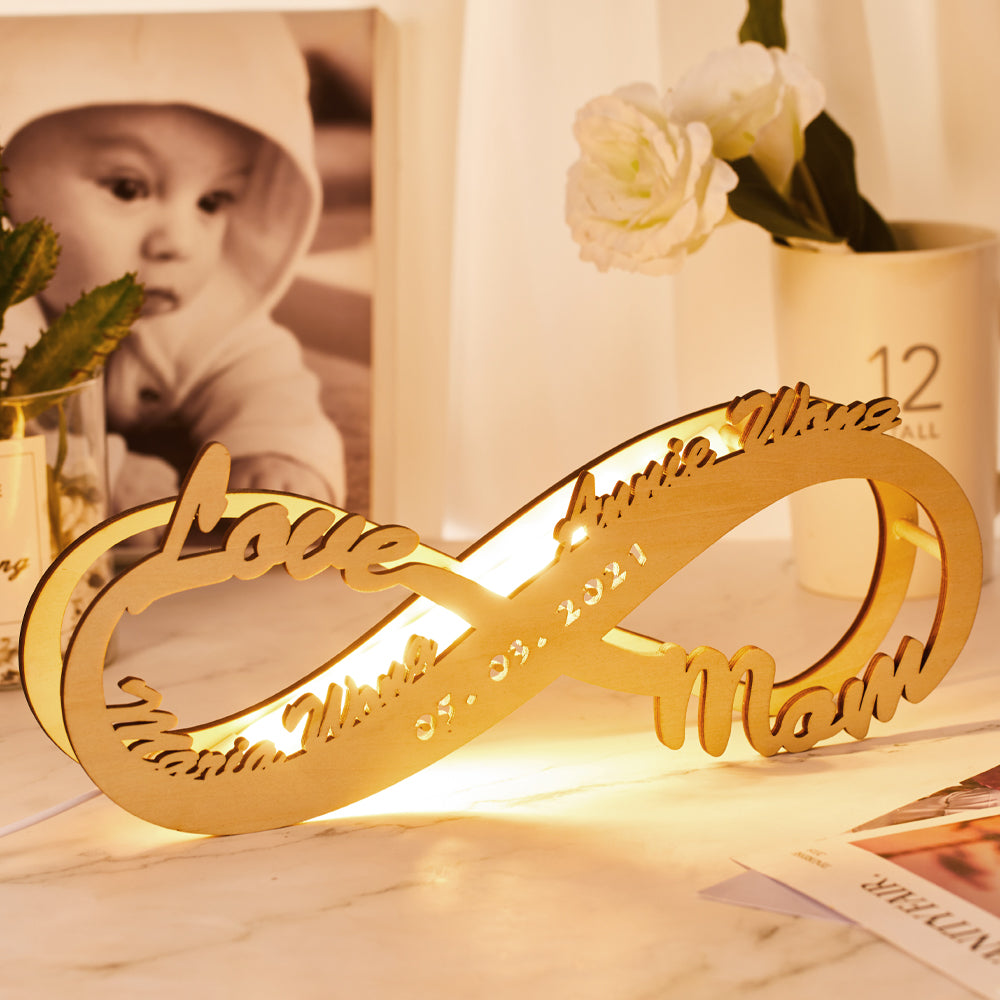 Cadeau de Fête Des mères Lampe Personnalisée Veilleuse en Bois Gravé Cadeau Personnalisé d'Amour Infini de Lumière de Nom pour Maman
