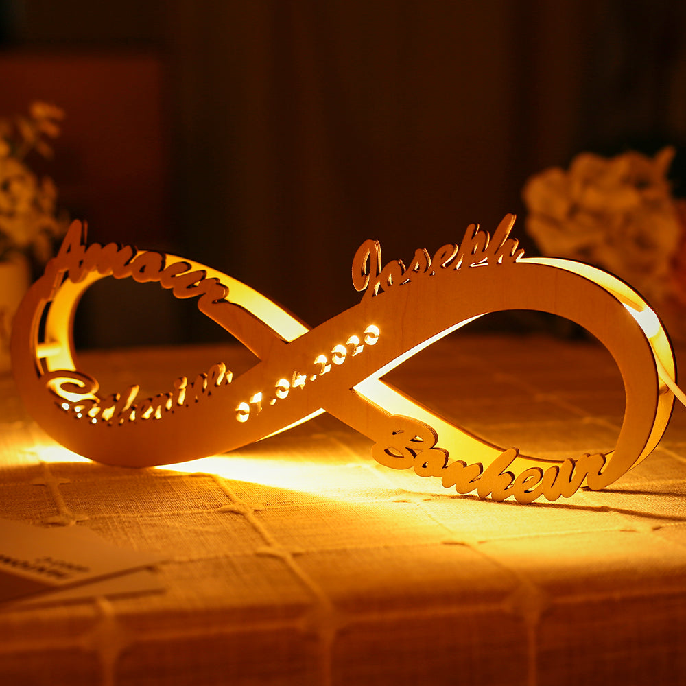 Cadeau Anniversaire de Mariage Amour Cadeau Lampe Veilleuse Bois Gravé Personnalisée Nom Personnalisé Lumière Infini