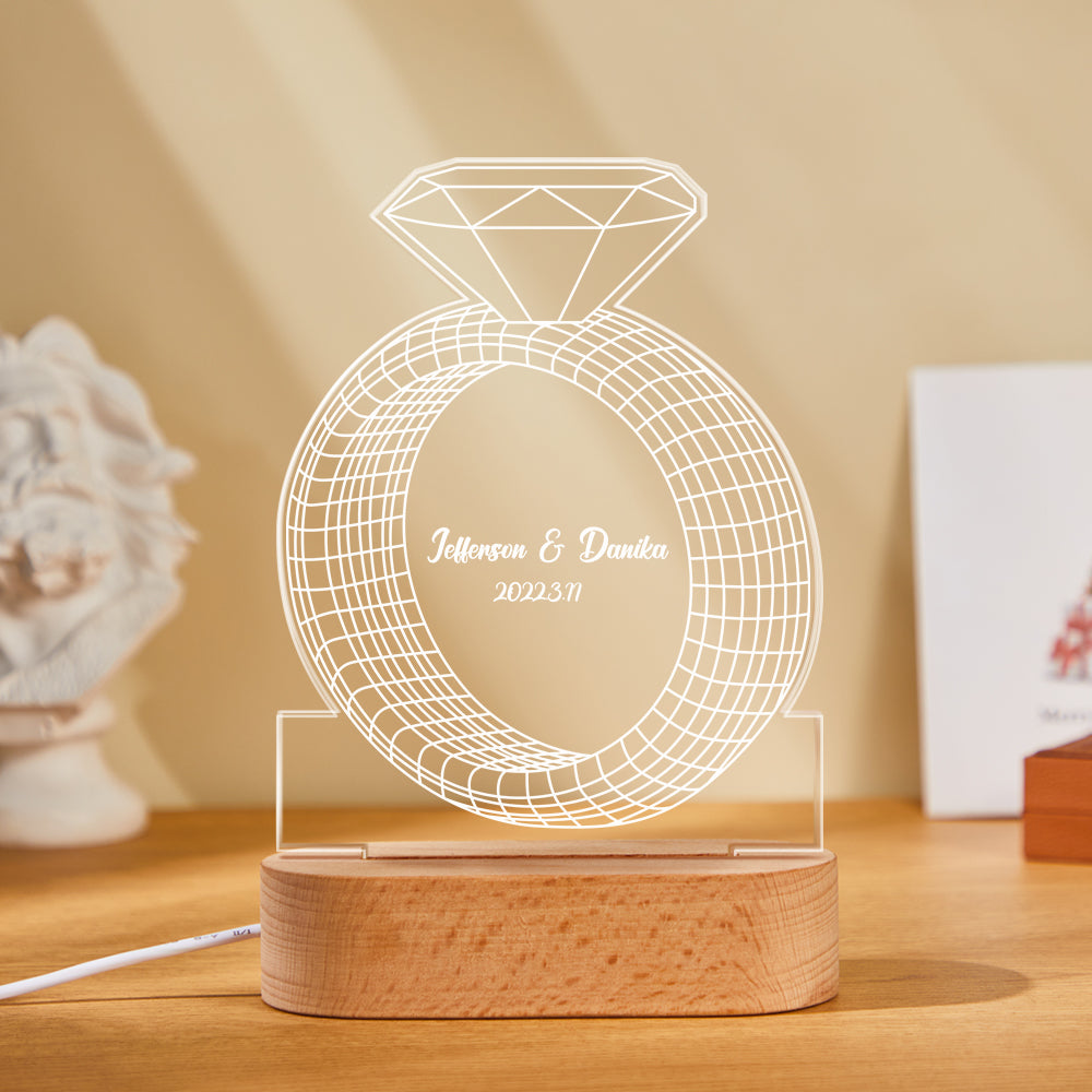 Texte Personnalisé Bague En Diamant Lampe Colorée Personnalisé Acrylique 3d Imprimé Veilleuse Proposition Anniversaire Jour Cadeau