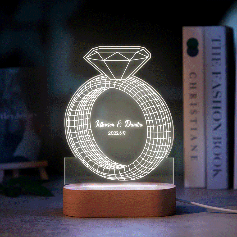 Texte Personnalisé Bague En Diamant Lampe Colorée Personnalisé Acrylique 3d Imprimé Veilleuse Proposition Anniversaire Jour Cadeau